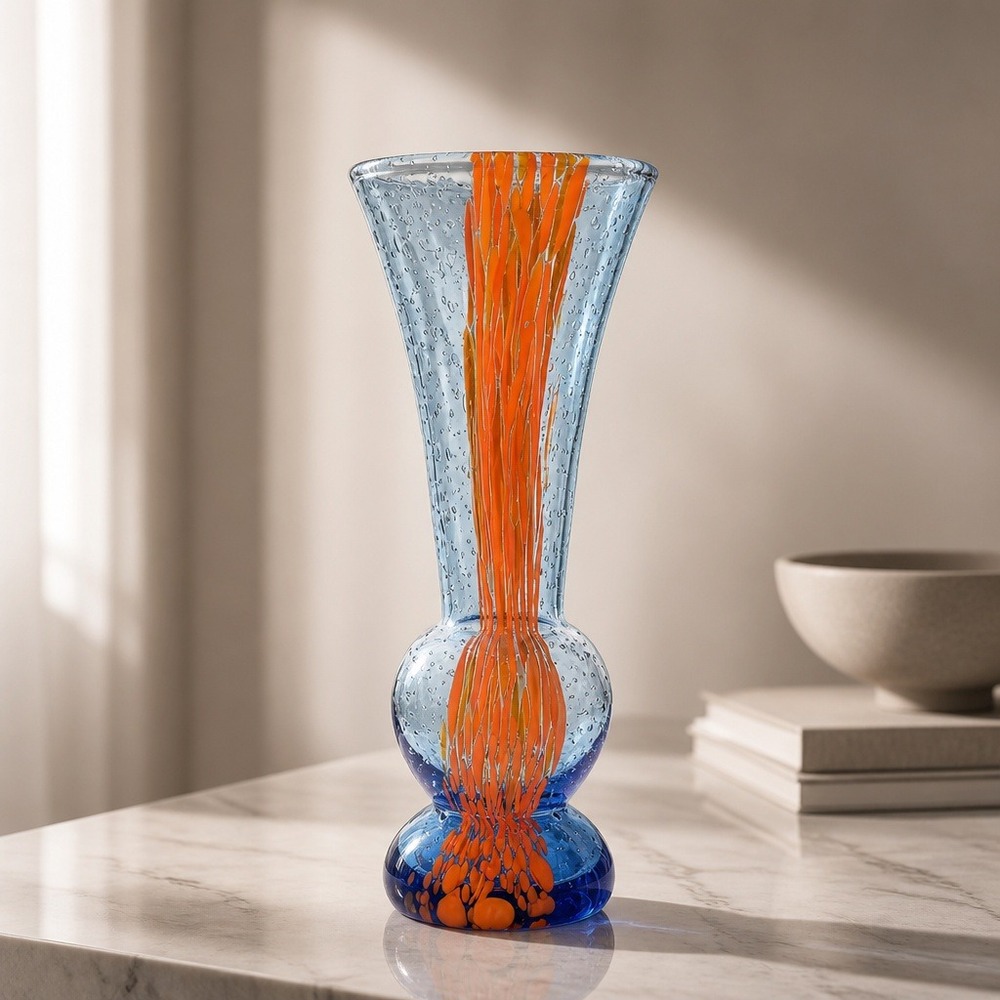 Jozefina Krosno Art Glass Vase - Blue Glass with Orange Confetti Technique